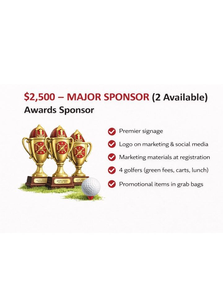 Promotional graphic for a golf tournament. Major Sponsor package ($2,500) includes signage, marketing, and 4 golfers.