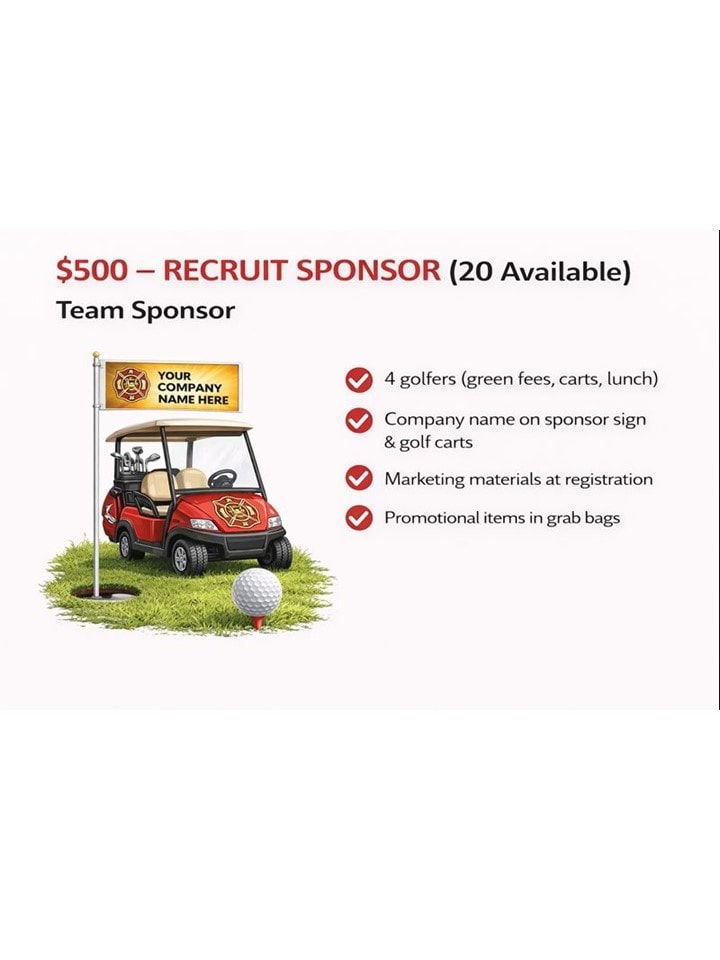 Golf cart sponsorship advertisement: $500 for a team sponsor. Includes 4 golfers, sign, & marketing.