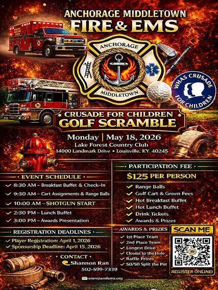 Poster for a golf scramble fundraiser for children, hosted by Anchorage Middletown Fire & EMS, on May 18, 2026.