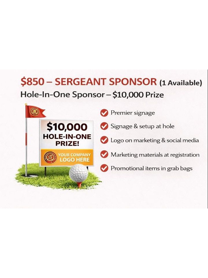 Golf tournament sponsorship advertisement, offering a hole-in-one sponsor package for $850. Features include signage, marketing, and promotional items.