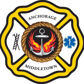 Anchorage-Middletown Fire Department logo: Maltese cross with rope-bordered anchor and flames, ladder, EMS star.