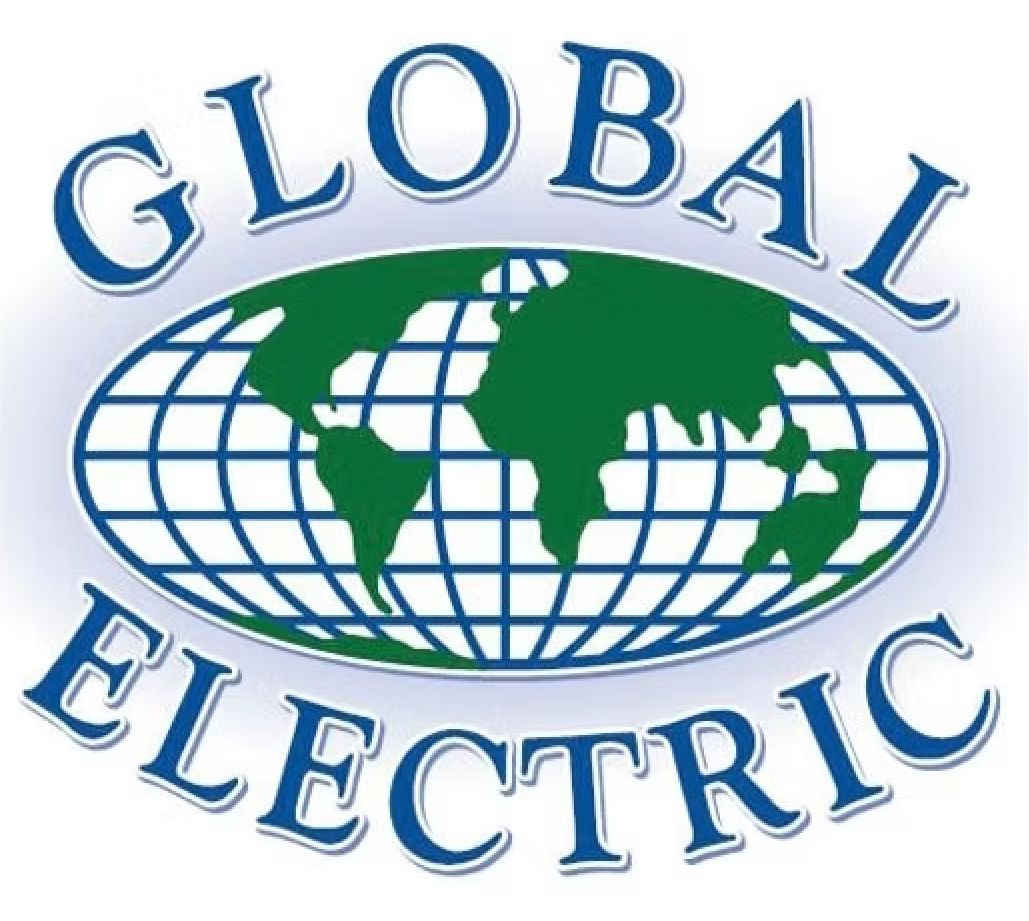 Logo for Global Electric, featuring a green and blue globe, white grid, and text.
