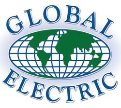 Logo for Global Electric, featuring a green and blue globe, white grid, and text.