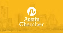 Austin Chamber logo with a white graphic over a yellow background, and text