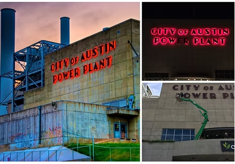 A collage of the City of Austin Power Plant, a large concrete building with neon sign, and industrial chimneys.