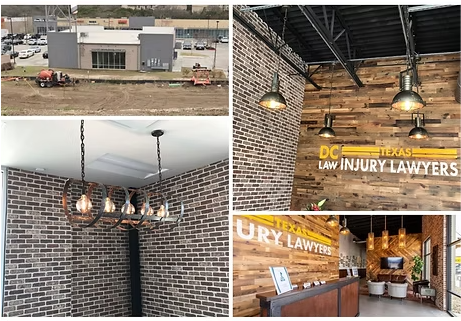 Construction site and interior shots of a law office with brick walls, wood accents, and stylish lighting.