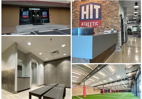 Collage of HIT Athletic gym interior/exterior views: entrance, reception, locker room, and sports field.