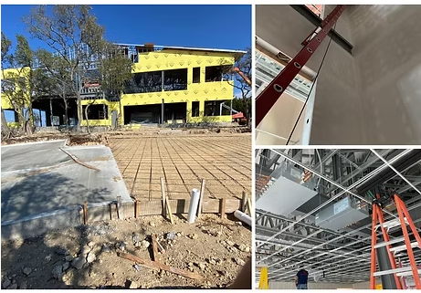Construction site: house frame, rebar for concrete, leveling tool, ladder, and ceiling work.