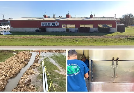 Three-panel image: Red building with sign