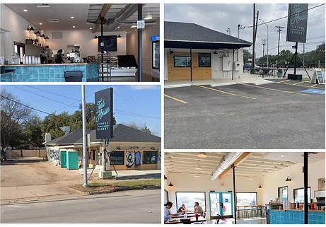 Collage of a cafe interior, exterior, sign, and parking lot. Features blue tile, modern design, and customers.