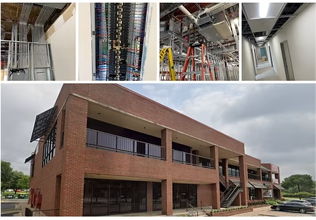 Exterior of a two-story brick building, and interior electrical and HVAC installations.
