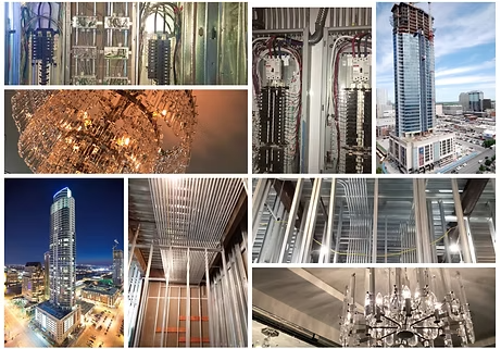 Collage of electrical, architectural elements, and skyscraper construction; including wiring, lighting, and city views.