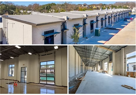 Exterior and interior views of new commercial warehouse buildings; beige brick, flat roofs, drive-up access.