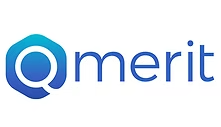 Logo for Merit, a company, with a blue and teal hexagon containing a white