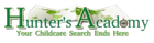 Hunter's Academy logo. Green text with shadow, map background, compass, and tagline "Your Childcare Search Ends Here."