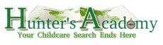 Hunter's Academy logo. Green text with shadow, map background, compass, and tagline "Your Childcare Search Ends Here."