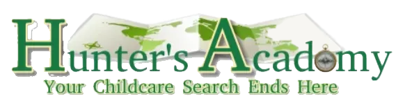 Hunter's Academy logo. Green text with shadow, map background, compass, and tagline "Your Childcare Search Ends Here."