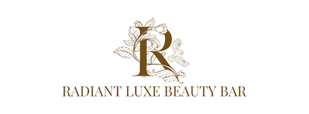 A logo for radiant luxe beauty bar with a letter r and leaves.