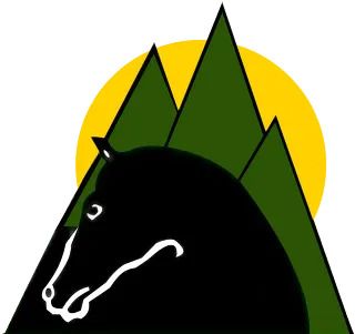 A black horse 's head is surrounded by green trees and a yellow sun.