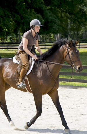 A woman is riding a brown horse in a fenced in area.