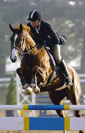 A woman is riding a brown horse over a blue and yellow hurdle.
