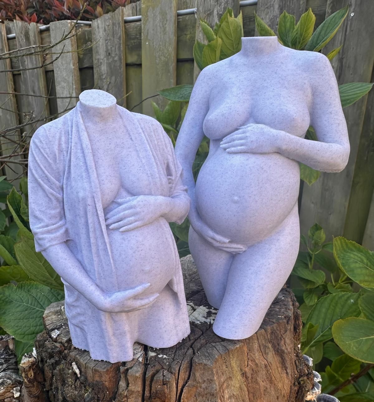 Twee lavendelkleurige, gebeeldhouwde torso's op een boomstronk in een tuin, de ene zonder hoofd en de andere met een zwangere uitstraling.