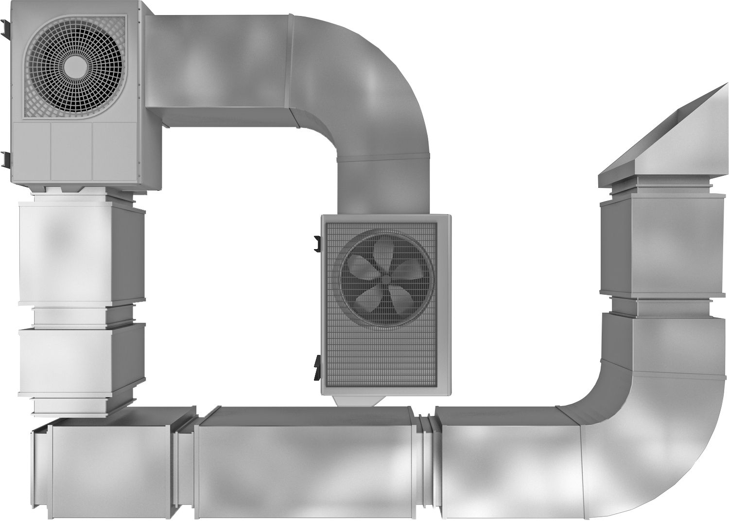 A stainless steel air duct with a fan attached to it.