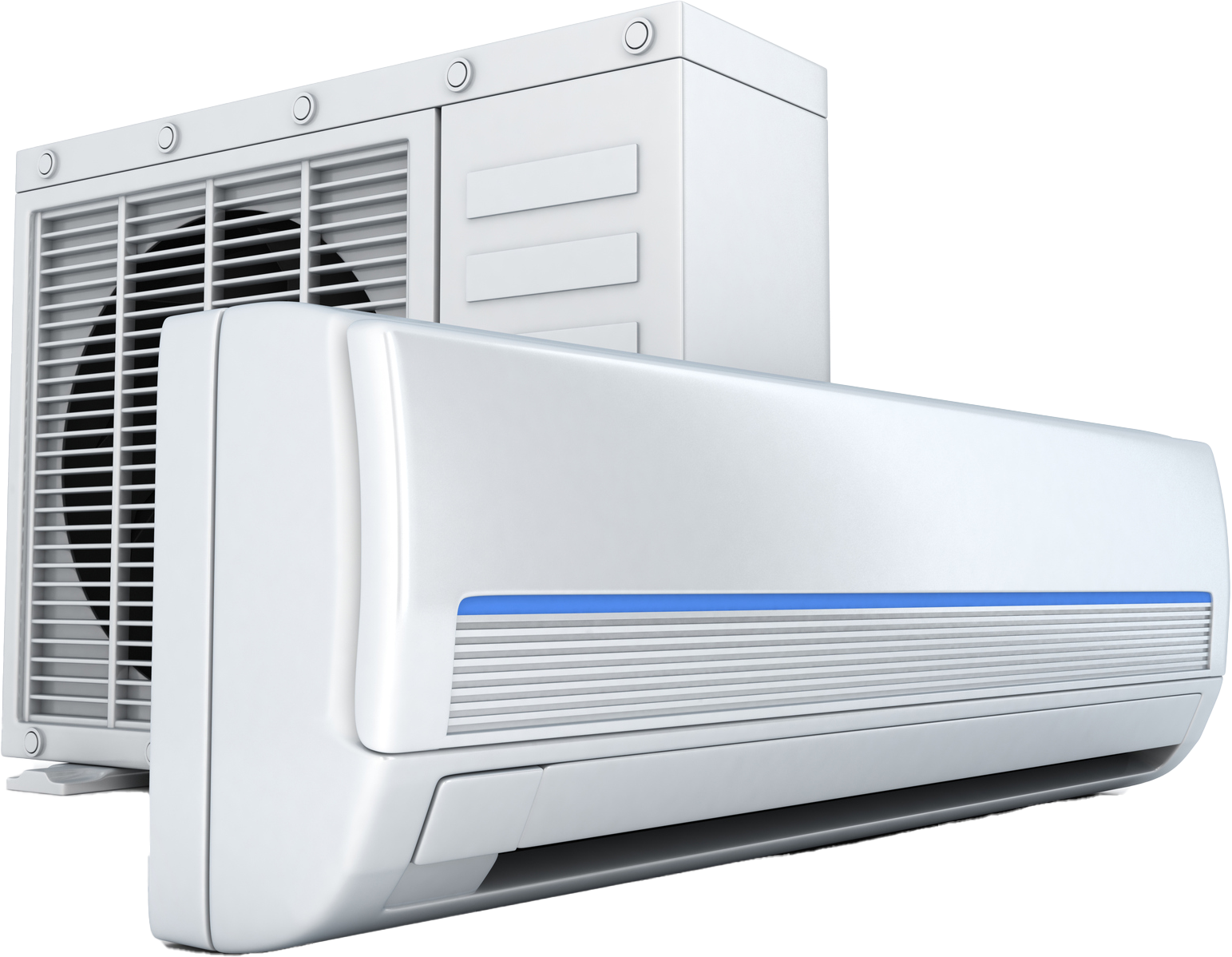 Two white air conditioners are sitting next to each other on a white background.