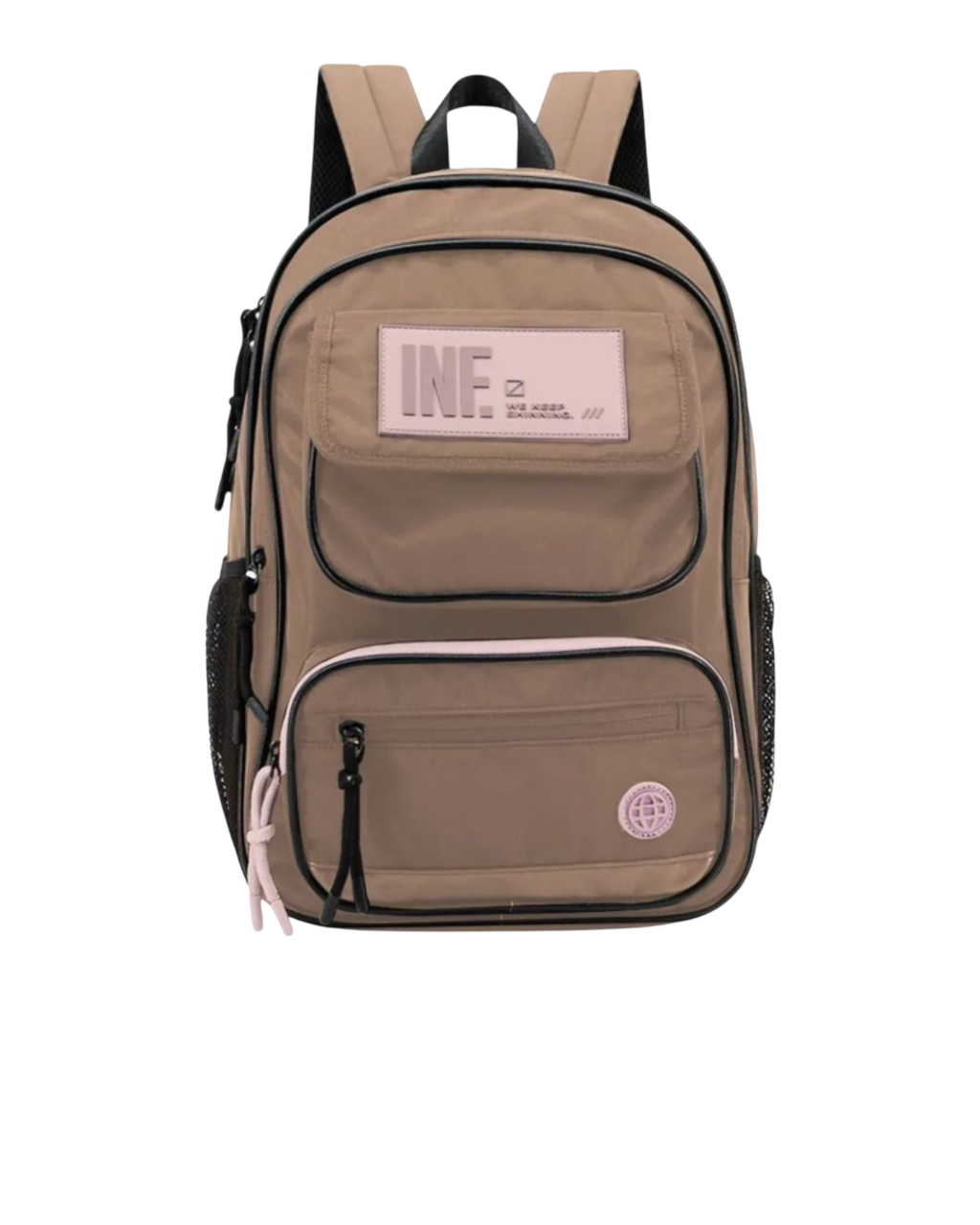 Mochila marrón con detalles negros y rosas, dos bolsillos delanteros y bolsillos laterales de malla.