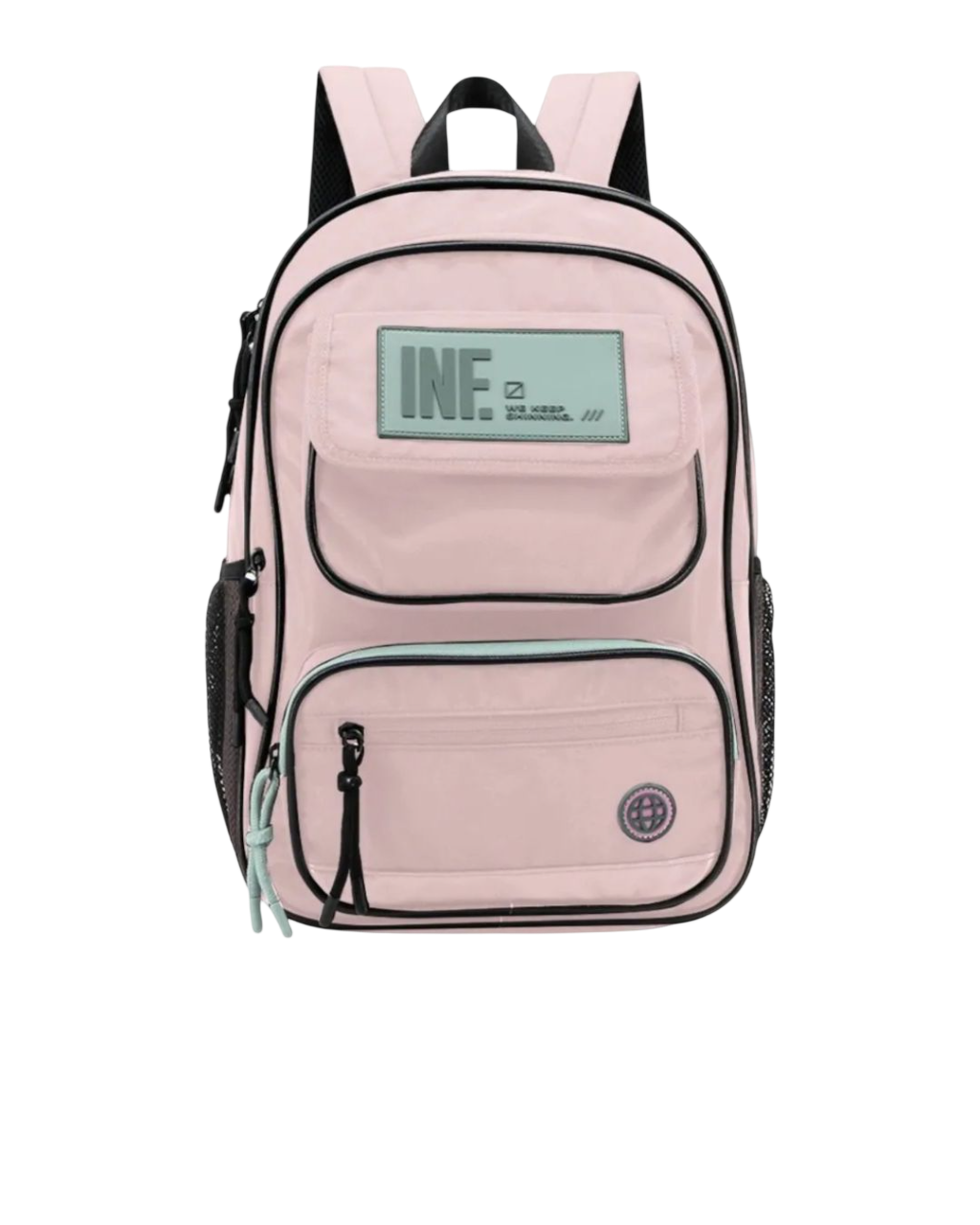 Mochila rosa con ribete negro y detalles en verde azulado.