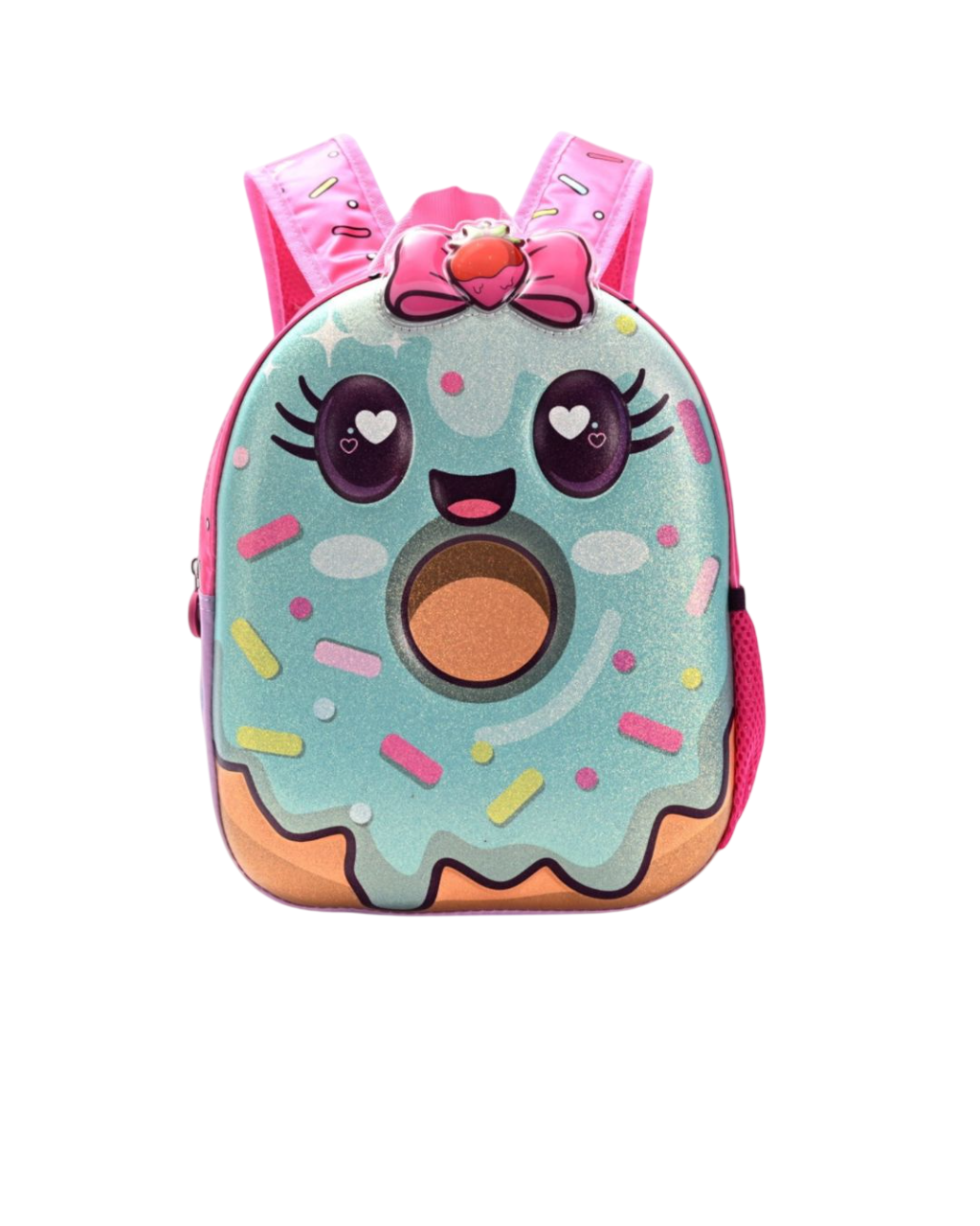 Mochila con forma de dona, glaseado verde azulado, chispitas y una cara sonriente. Tirantes rosas y detalle de lazo.