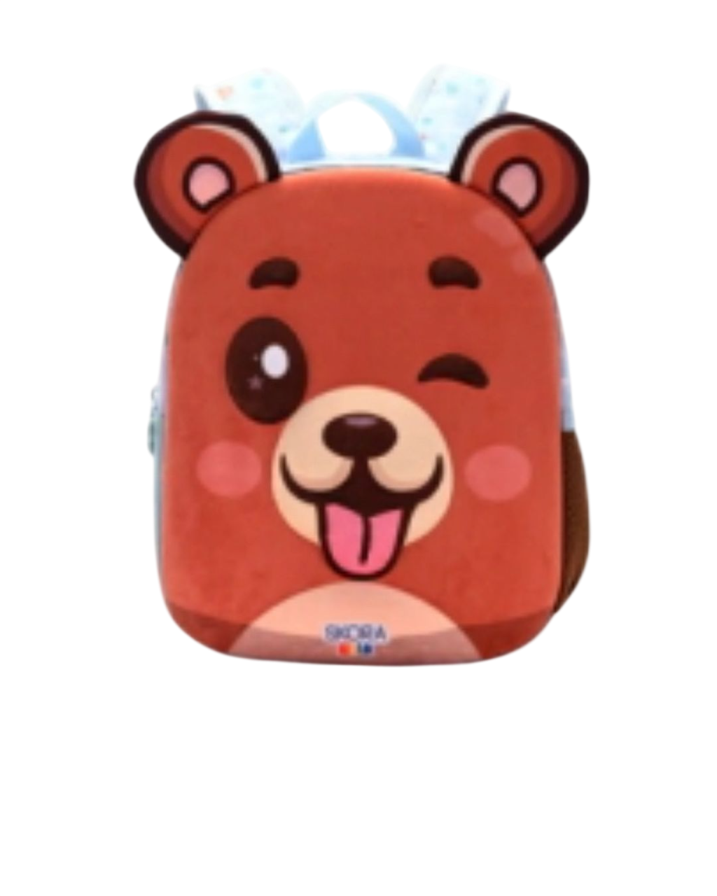 Mochila en forma de oso pardo con ojo guiñando y lengua fuera.