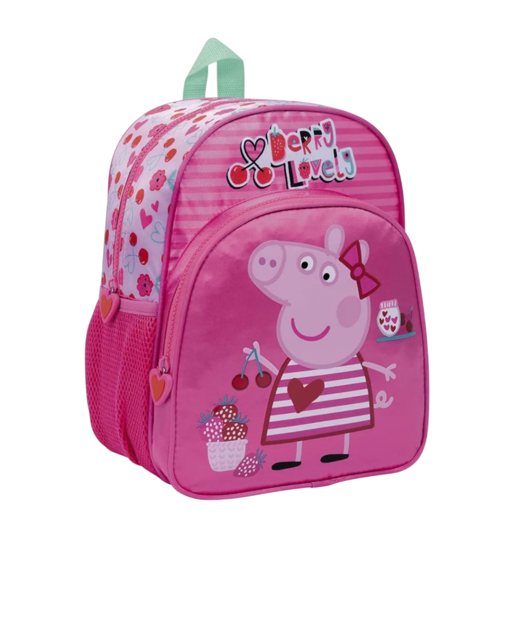 Mochila rosa de Peppa Pig con bolsillo lateral de malla, que contiene cerezas y el texto 