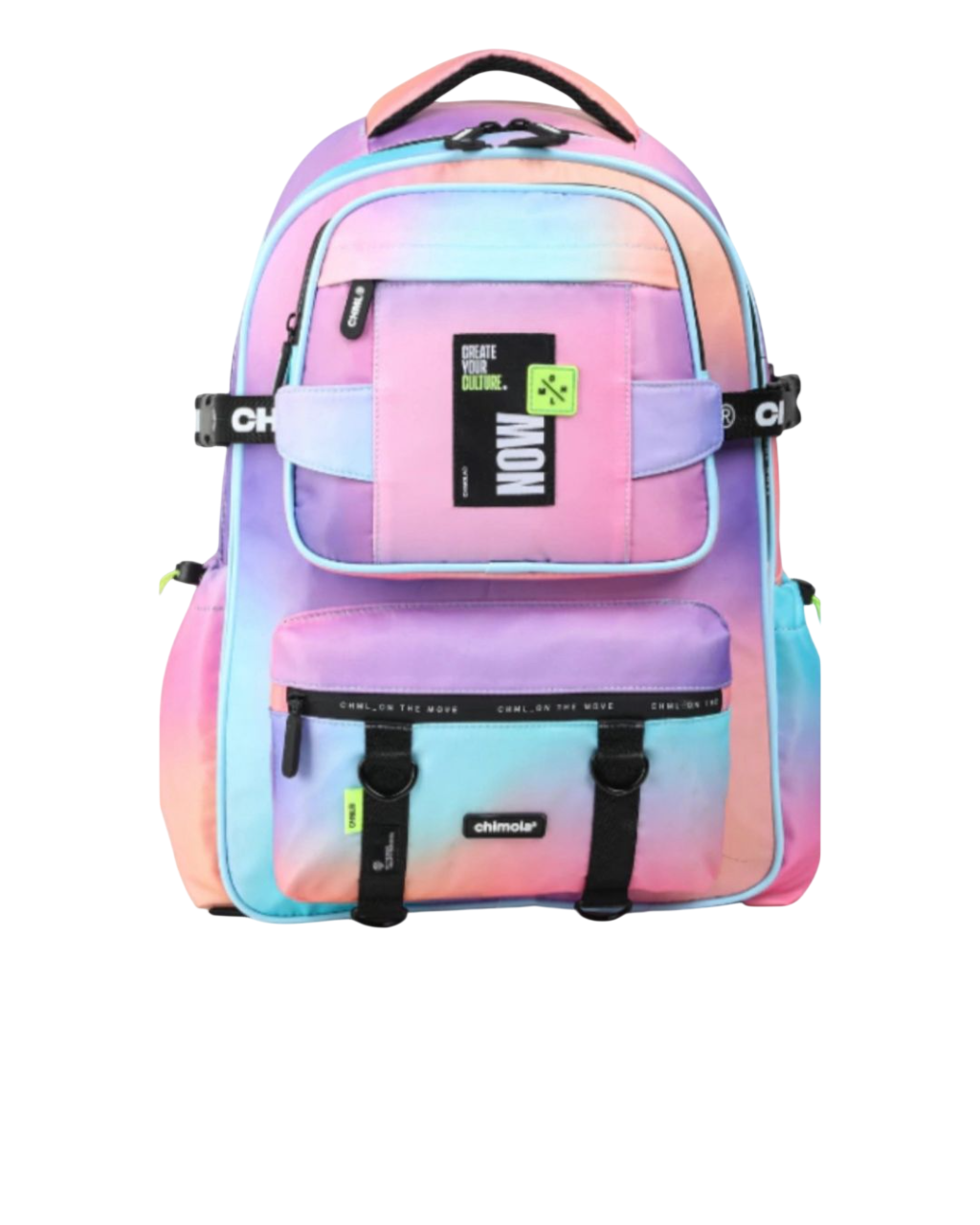 Mochila teñida con un bolsillo frontal grande y un bolsillo inferior más pequeño; presenta el gráfico 