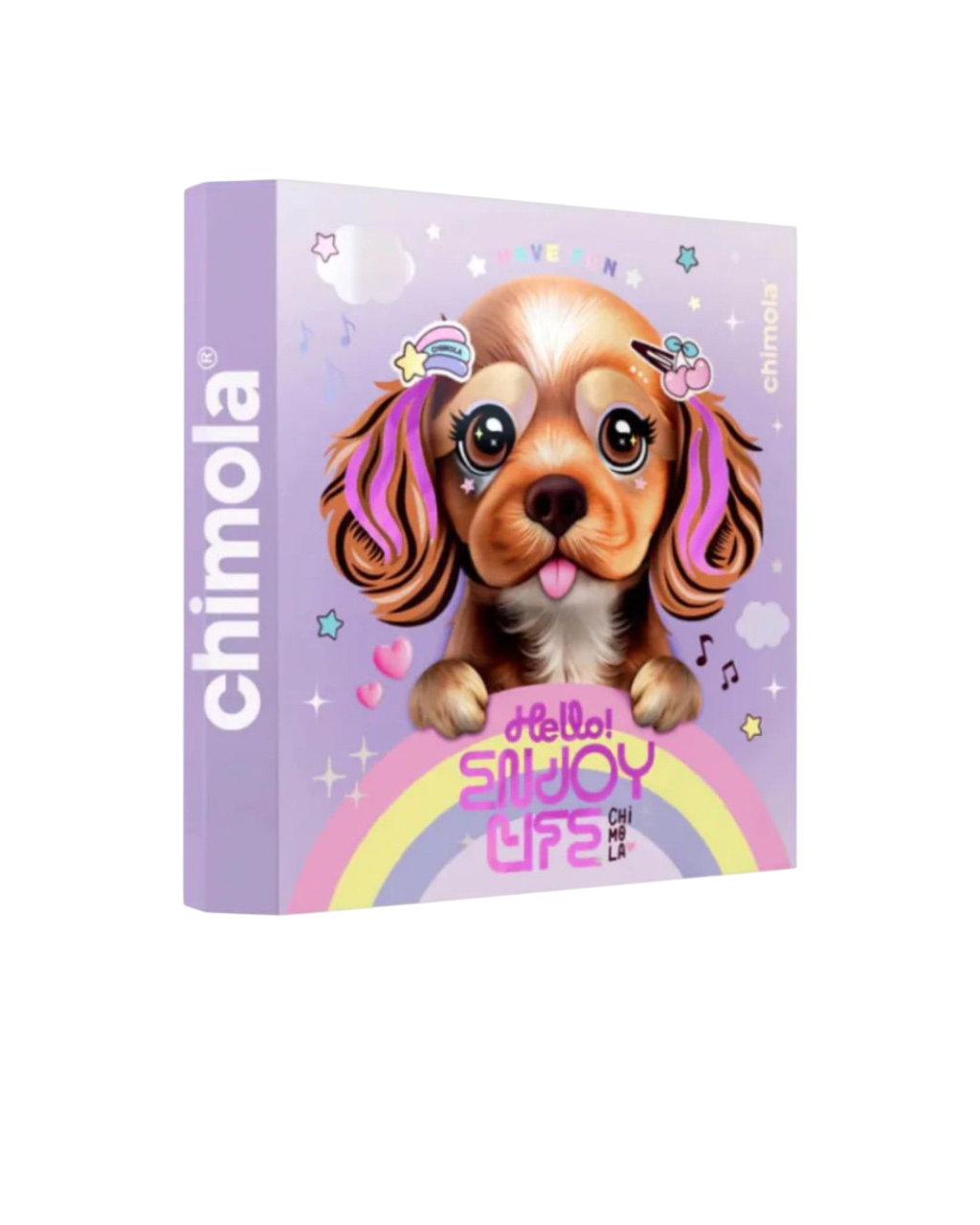 Caja morada con un cachorro de dibujos animados con accesorios sobre un arcoíris y el texto 