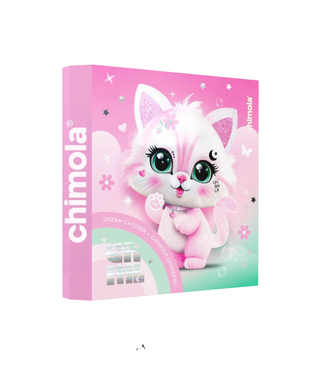 Kit Chimola rosa que presenta un gato lindo y esponjoso con orejas brillantes y una pata que se mueve.