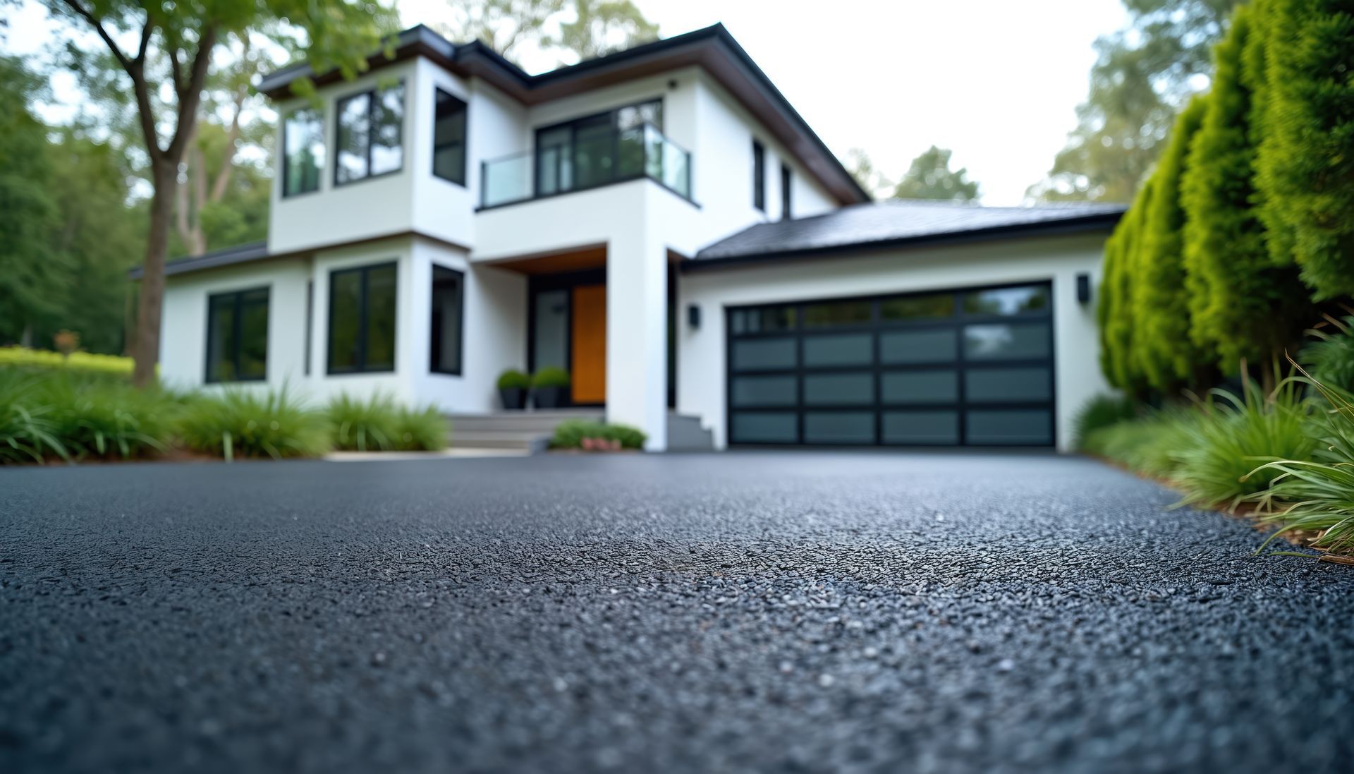 Low-angle view of a modern white home with a smooth asphalt driveway.
