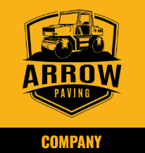 Logo of Arrow Paving Company with a road roller within a black and gold shield. 