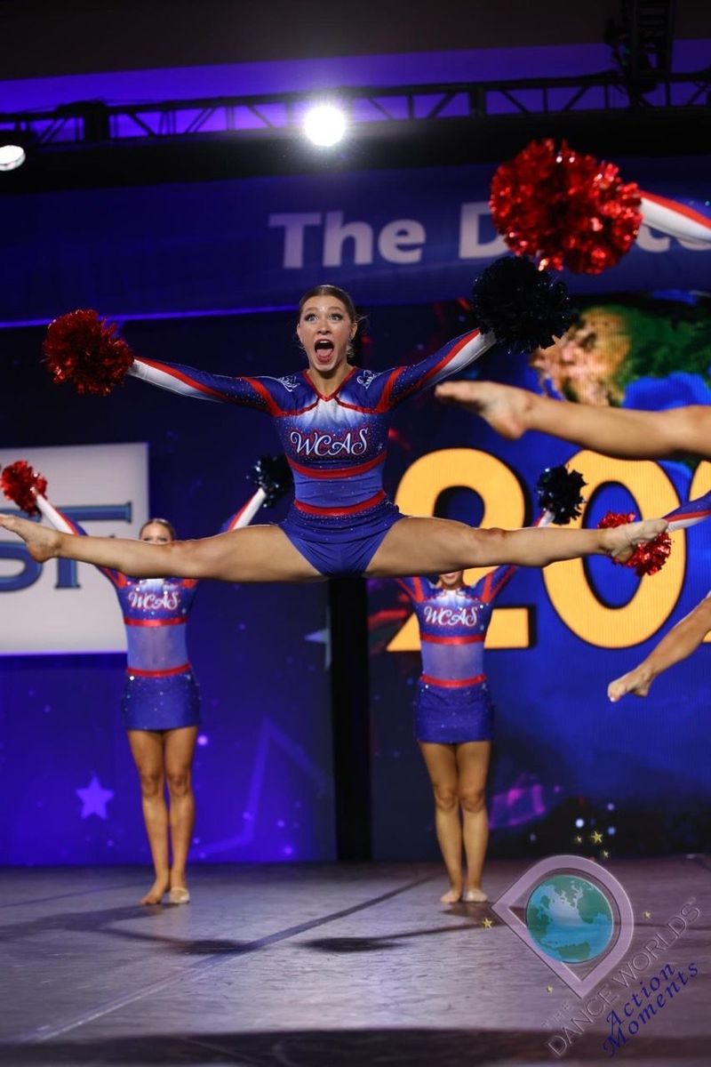 Cheerleaders are performing in front of a sign that says the dance