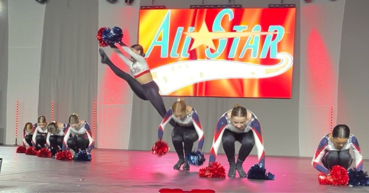 A group of cheerleaders are performing in front of a screen that says all star