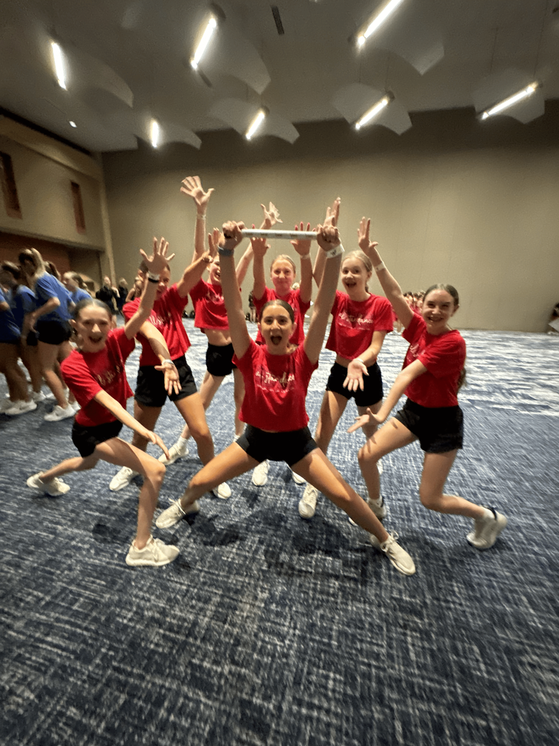 A group of cheerleaders are posing for a picture in a room.