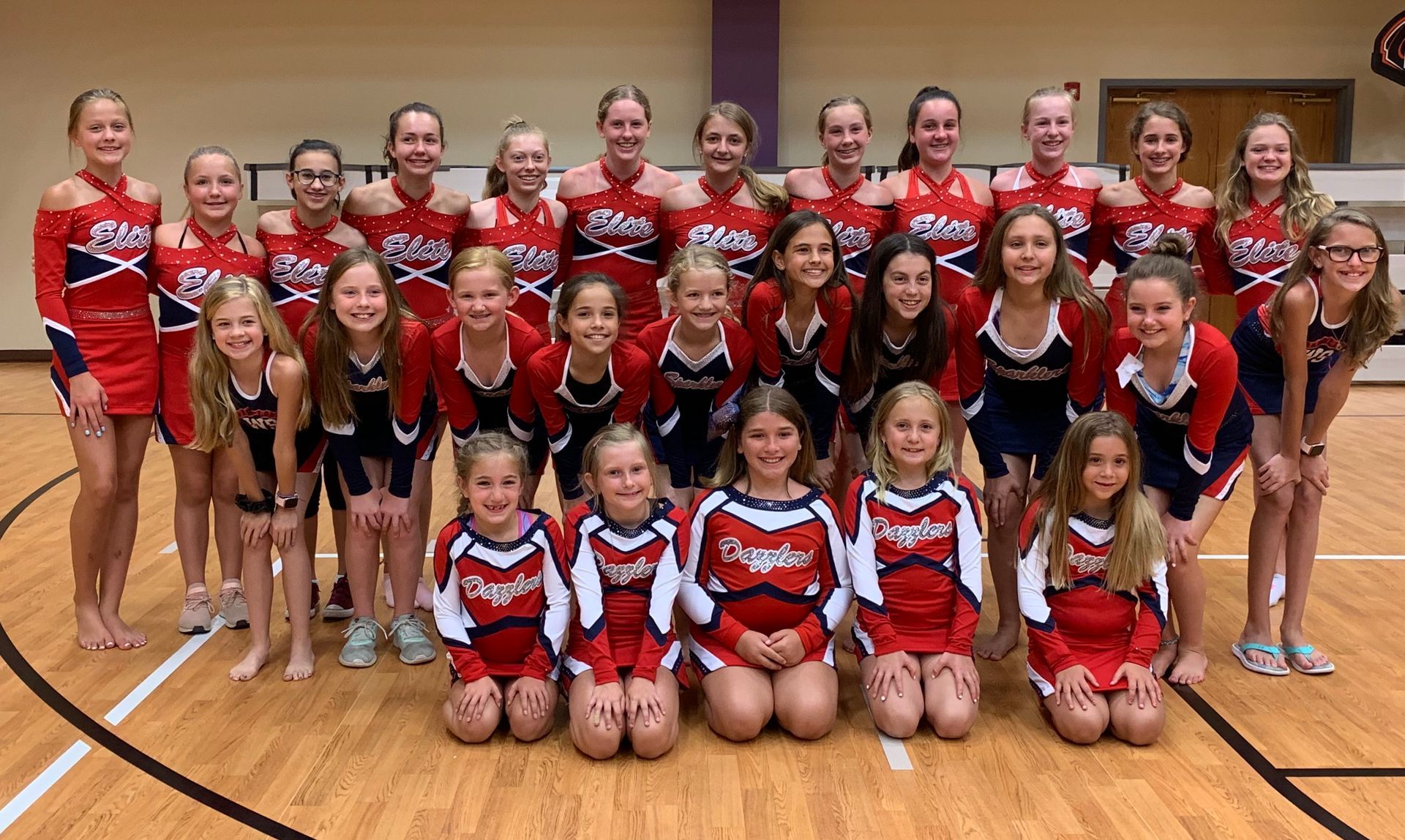 A group of cheerleaders are posing for a picture in a gym.