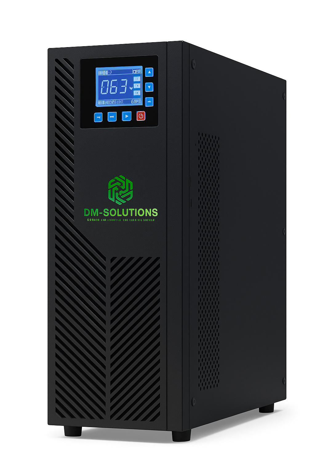 Black EM Solutions UPS with a digital display and control buttons.