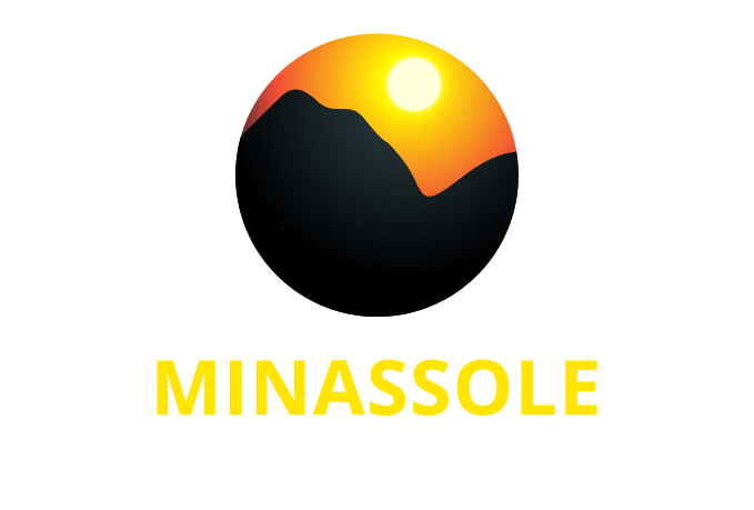 Logo of Minassole: A dark sphere with a yellow sun and mountains, with