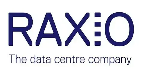RAXIO logo: dark blue text with