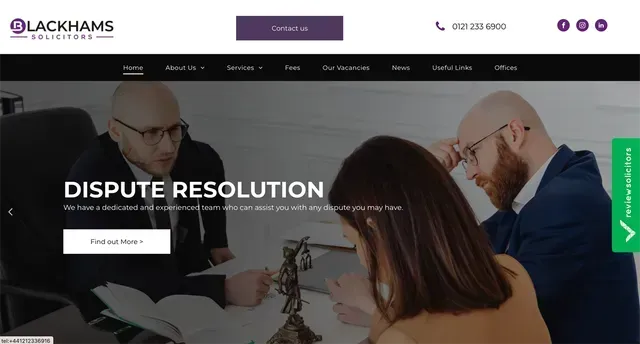Blackhams Solicitors website with text 