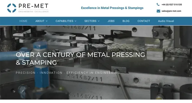 PRE-MET website with metal pressing machinery and text: 