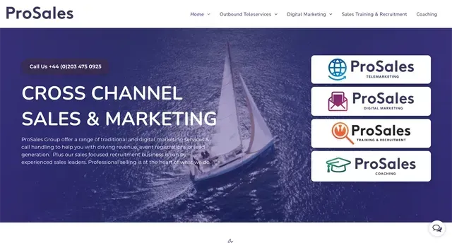 ProSales website promoting cross-channel sales & marketing services. A sailboat is on the ocean, with logos on the right.
