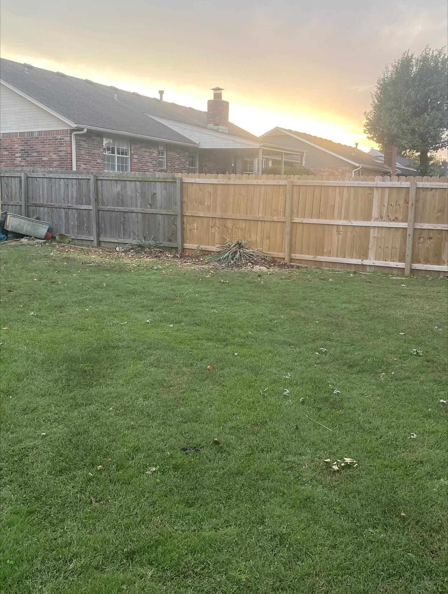 A backyard with a wooden fence. The fence is partially new, light-colored wood. The sky is orange.