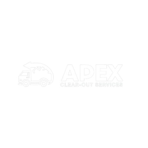 A white logo for apex clear out services with a truck on a white background.